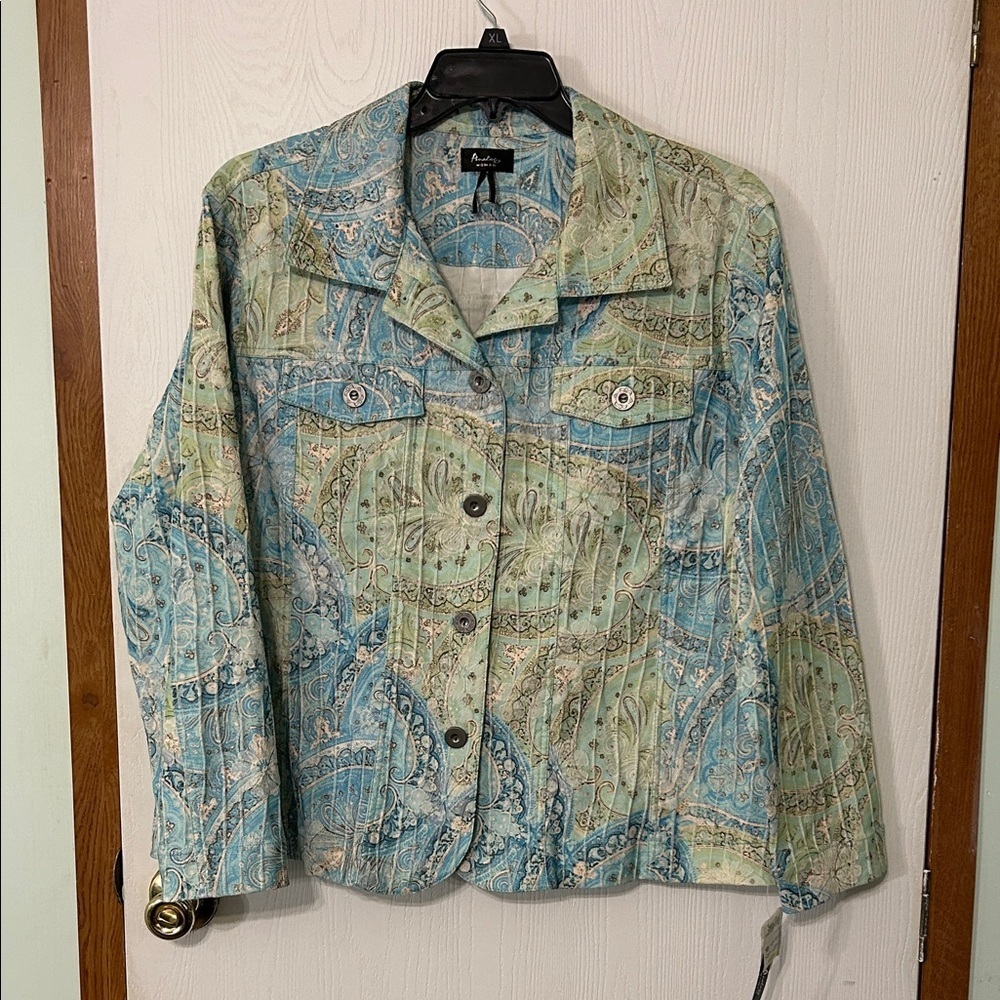 Analogy Women's Paisley Jean Jacket in Blue and Green Size 2X